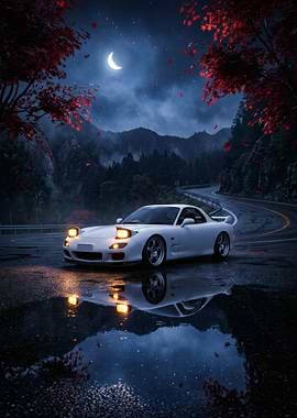 White Mazda RX-7 at Night