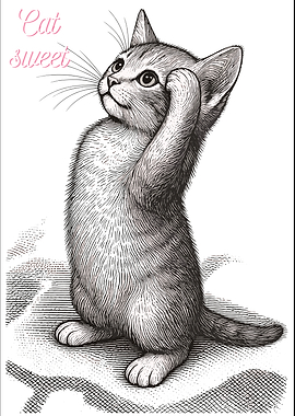 Engraved Illustration of a Cute Kitten