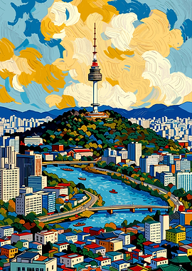 N Seoul Tower Cityscape Painting