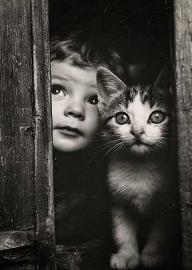 Child and Kitten Peeking Through Doorway
