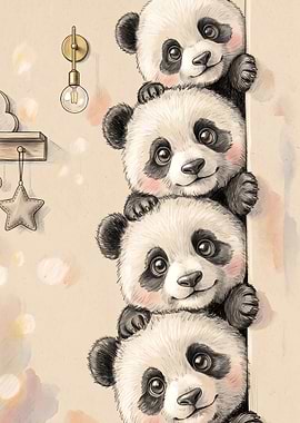 Four Cute Pandas Stacked Together Peeking Panda Stack - Cute Baby Pandas Nursery Wall Art Metal Poster