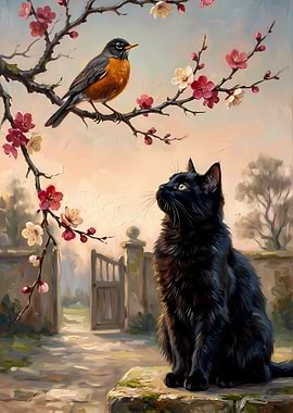 Black Cat Watching a Robin