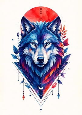Geometric Wolf Portrait with Red Sun