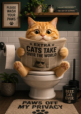 Funny Ginger Cat Reading Newspaper