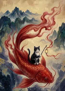 Cat Riding a Giant Koi Fish