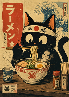 Black Cat Eating Ramen