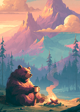 Bear Drinking Coffee by Campfire