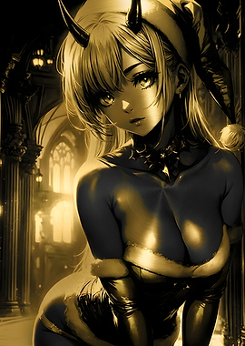 Golden Anime Demon Girl Portrait