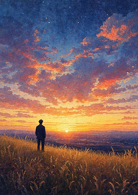 Man Standing in Golden Field at Sunset