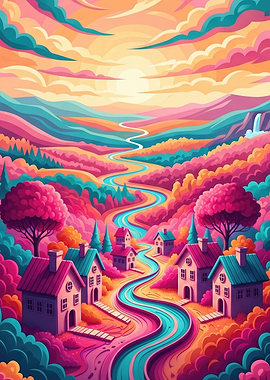 Vibrant Colorful Landscape with Winding River