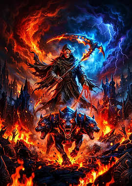 Grim Reaper and Cerberus in Hell