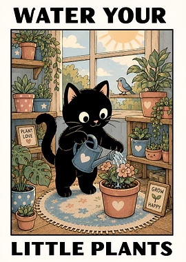 Cute Black Cat Watering Plants Poster
