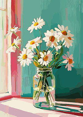 White Daisy Bouquet in Mason Jar Canvas Wall Art | Colorful Floral Painterly Poster