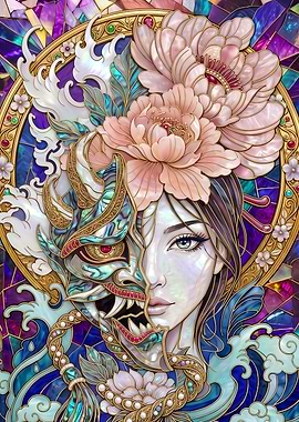 Stained Glass Hannya Mask Woman Portrait