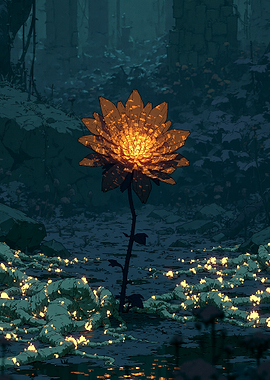 Glowing Golden Flower in Dark Forest