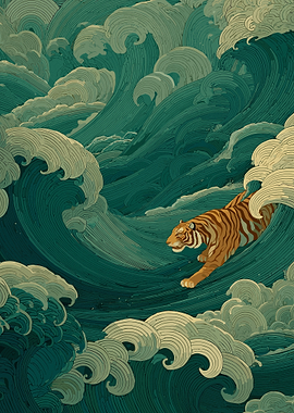 Tiger Surfing Through Great Wave