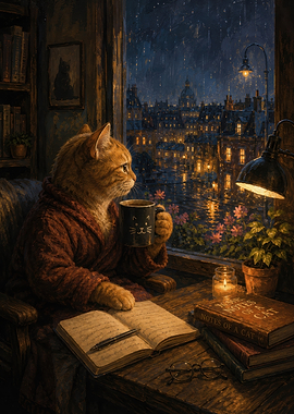 Cozy Ginger Cat Reading by Window