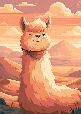 Winking Llama in Desert Landscape