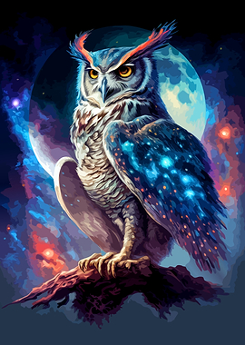 Cosmic Owl Perched Under Moon