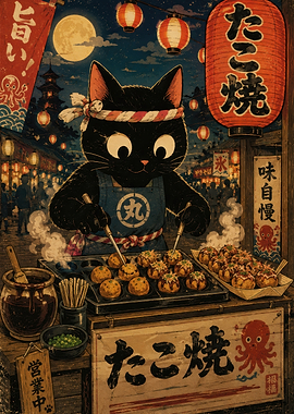Black Cat Cooking Takoyaki Street Food