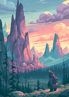 Bear Hiking in Mountain Landscape