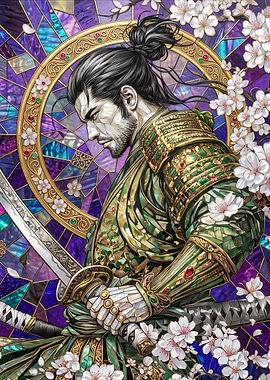 Stained Glass Samurai with Cherry Blossoms