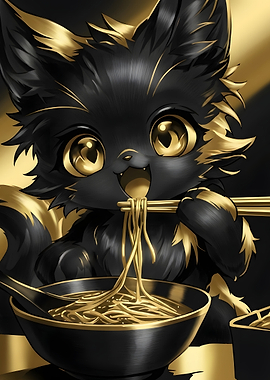 Cute Black and Gold Ramen Cat