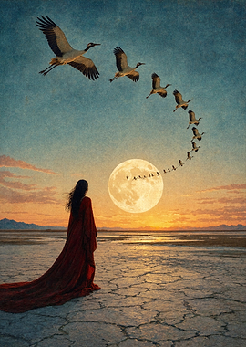 Woman Watching Cranes Under Full Moon