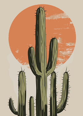 Minimalist Saguaro Cactus Desert Sunset Wall Art | Vintage Southwest Poster