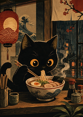 Cute Black Cat Eating Ramen