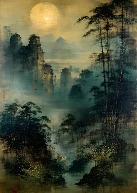 Ethereal Moonlit Mountain Landscape Painting
