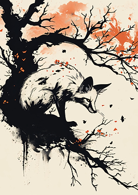 Ink Wash Fox in Tree