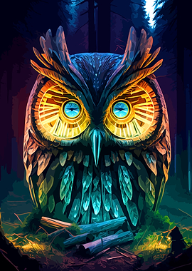 Glowing Mechanical Owl in Forest