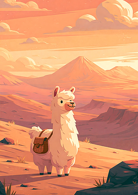 Cute Llama Traveler in Desert Landscape