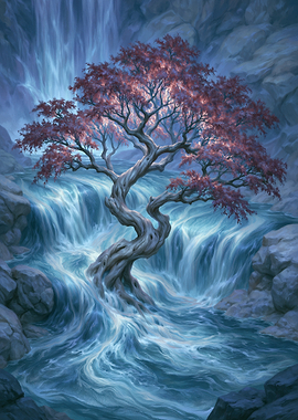 Glowing Red Tree in Waterfall