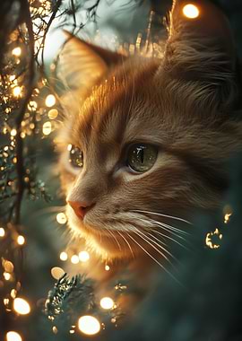 Ginger Cat Among Fairy Lights
