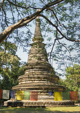 Ancient Buddhist Stupa with Prayer Flags