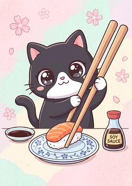 Cute Cat Eating Sushi Illustration
