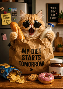 Funny Cat With Junk Food Groceries