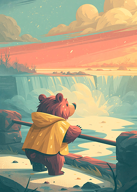 Bear in Yellow Raincoat at Waterfall