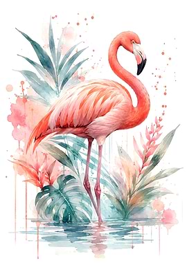 Watercolor Flamingo in Tropical Foliage