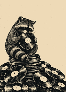 Vintage Raccoon Vinyl Collector Wall Art Black and Beige Music Lover Poster