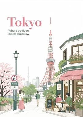 Tokyo Cityscape with Sakura Cafe