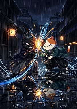 Samurai Cat Duel in the Rain