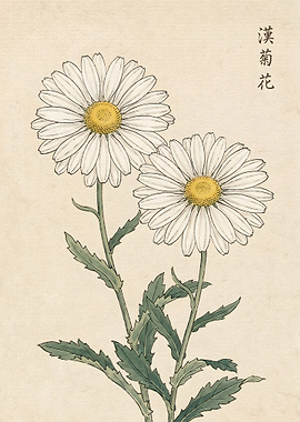 Vintage Botanical Illustration of Daisies
