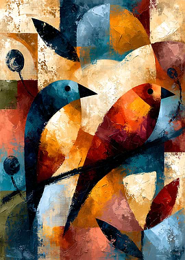 Neo-Sōsaku Hanga Modernism No. 01 – Avian Dialogue Wall Art