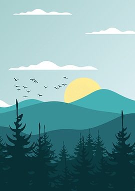 Minimalist Mountain Forest Landscape