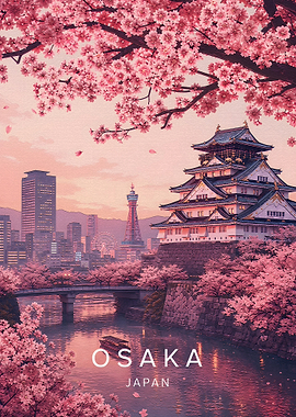 Osaka Castle Cherry Blossom Travel Poster