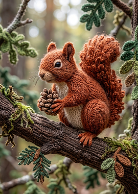 Knitted Squirrel Holding a Pinecone