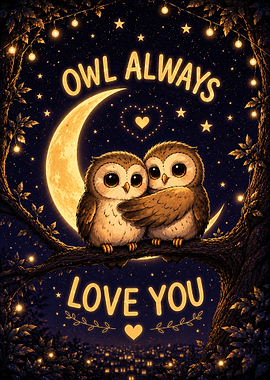 Owl Always Love You | Cute Owl Couple Wall Art | Romantic Moonlit Owl Illustration
